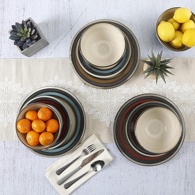 12-Piece Stoneware Dinnerware Set in Brown Modern Glazed Dishware Collection for Everyday Dining