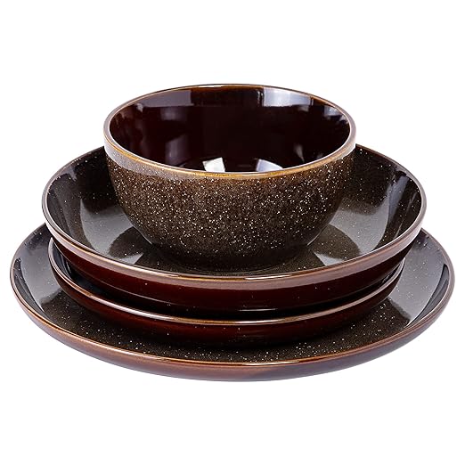 Gibson Elite Edwina 16-Piece Double Bowl Dinnerware Set Service for 4 – Dark Green Stoneware Plates and Bowls