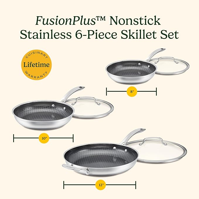 Cuisinart FusionPlus Hybrid Nonstick Stainless Steel Cookware Set 6-Piece Skillet Cooking Set with PFAS-Free PURELYSEAR Ceramic Non Stick Technology Scratch Proof Cool Grip Handles Dishwasher Safe
