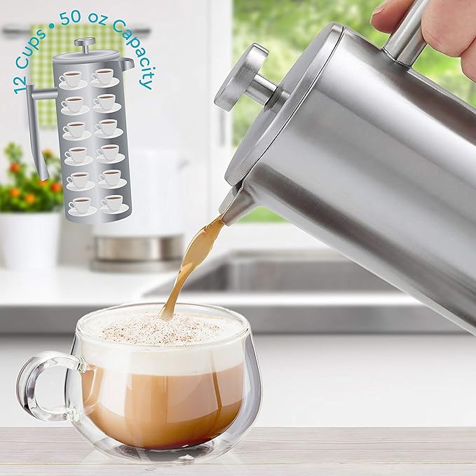 Belwares French Press Coffee Maker 50 oz - Large 304 Stainless Steel Double Wall Insulated Thermal Coffee Press for Home Kitchen 4-Level Filtration with Extra Screens Dishwasher Safe 1.5L Silver