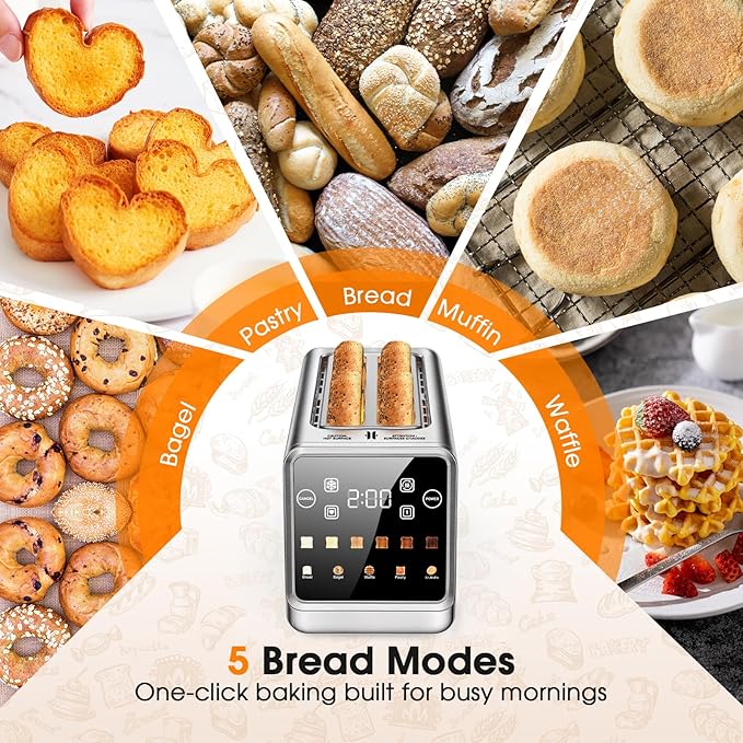 4-Slice Smart Toaster with Digital Touchscreen &amp 1-Touch Memory for Family | Stainless Steel Extra-Wide Long Slots for Bagels &amp Artisan Bread | All-in-One Defrost Reheat &amp Single-Slice M