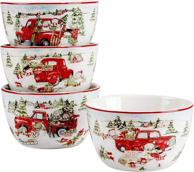 Red Truck Snowman 16pc Ceramic Dinnerware Set Service for 4 – Bring holiday cheer to every meal with festive red trucks snowmen and trees perfect for holiday gatherings and winter entertaining