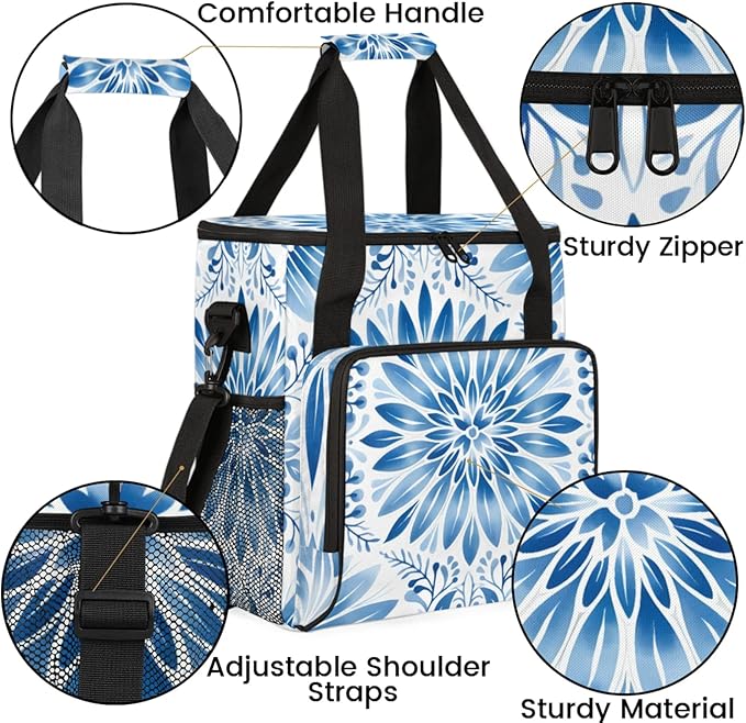 Blue White Floral Coffee Maker Travel Bag for Keurig K-Mini/K-Mini Plus Insulated Waterproof Tote with Pockets for Portable Single-Serve Brewer Case