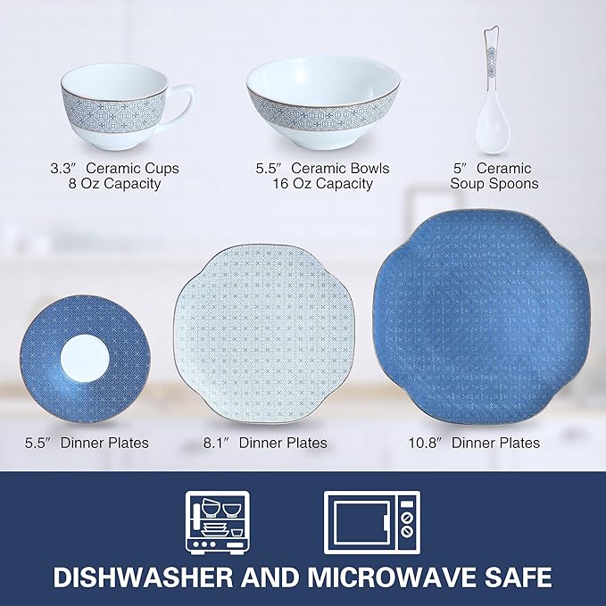 Ceramic Dinnerware Sets for 4 24 Pieces Bone China Plates and Bowls Set with Silver GridScratch Resistant Stoneware Dishes Set with MugsDishwasher &amp Oven Deep Blue