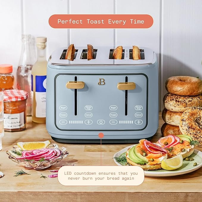 4 Slot Toaster with Touch Control Panel 1800W Fast Heating 7 Toast Shade Levels Extra Wide Slots for Bagels Removable Crumb Tray (Cornflower Blue)