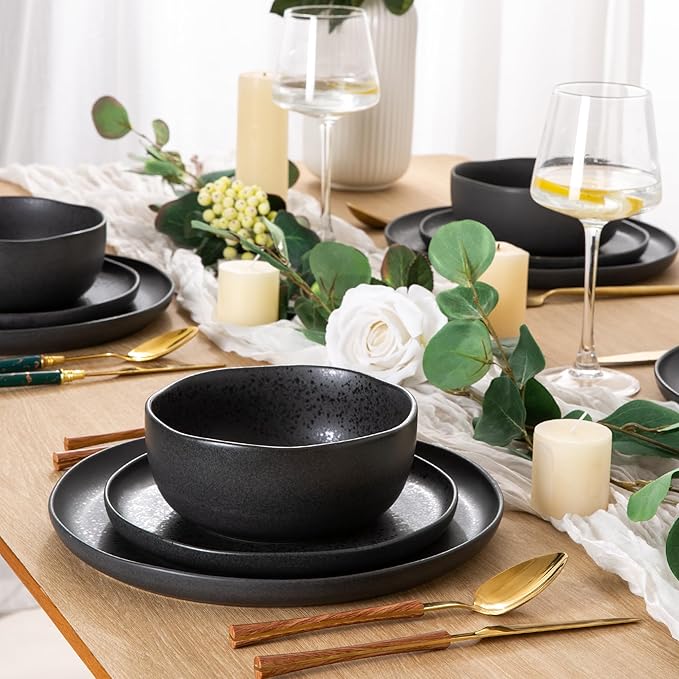 AmorArc Ceramic Dinnerware Sets Wavy Rim Stoneware Plates and Bowls SetsDishwasher &amp Microwave &amp Oven Safe Dishes set Service for 4 (12pc)-Charcoal Matte