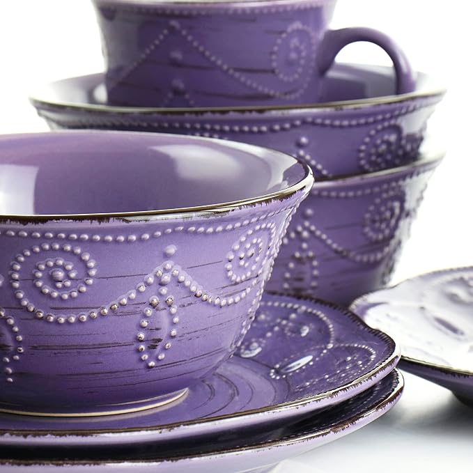 Elama Rustic Birch 16 Piece Stoneware Dinnerware Set in Purple Purple with Brown Accents (EL-RUSTICBIRCH)