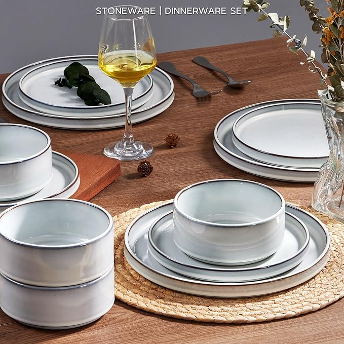 Onader Stoneware Dinnerware Sets 12 Piece Plates and Bowls Dish Sets for 4 Ceramic Dishware Dining Ware with Rustic Terracotta Bottom - Glacier White