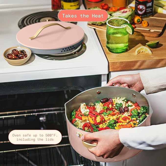 12-Piece Ceramic Non-Stick Cookware Set | Pots &amp Pans with Lids | PFOA-Free Ceramic Coating | Induction Compatible &amp Oven Safe | Gold Handles | Includes Protectors