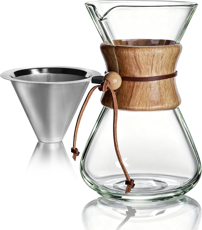 AGOGO Pour Over Coffee Maker Glass - 8 Cup Barista Kit with 304 Stainless Filter for Home Office Camping Cafes - Easy Clean Coffee Dripper Set (Soft Towel&ampBrush) (8 Cup/28 oz-Slim Shape)