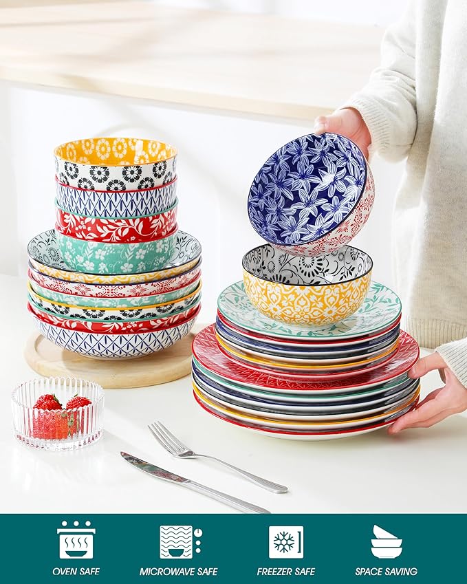 vancasso SELENE Plates and Bowls Set for 6 24 Pieces Dinnerware Sets Mircowave and Dishwasher Safe Dishes Set Porcelain Muted Dinnerware