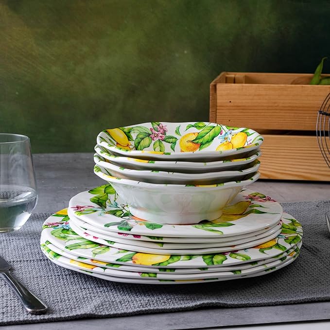 LEHAHA Melamine Dinner Plate Set of 6 11” inch Lemon Plates Set BPA Free Lightweight and Break Resistant Great for Parties RVs Picnic and Camping Trailer Dishwasher Safe