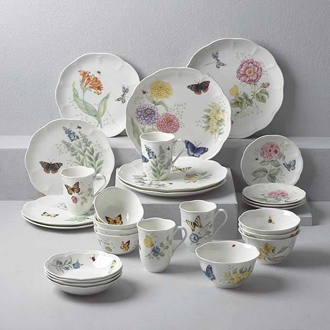 Lenox Dinnerware Set Butterfly Meadow 28-Piece Set Service For 4 Porcelain Plates With Scalloped Edges Plates And Bowls Sets Microwave Safe Dishwasher Safe Home &amp Kitchen (28 Piece Assorte
