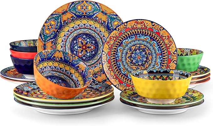 vancasso 18 Pieces Plates and Bowls Set Bohemian Style Dinnerware Sets Service for 6 Porcelain Boho Dishes Set for Kitchen Housewaring Gift Dishwasher and Microwave Safe Series KRVI