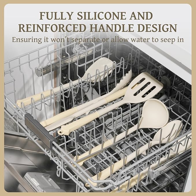 Kikcoin 43Pcs Large Kitchen Utensils Set - Silicone Cooking Utensils Set Dishwasher Safe Spatula Set for Non-stick Cookware 446°F Heat Resistant Kitchen Utensils Set with Holder BPA Free Cream