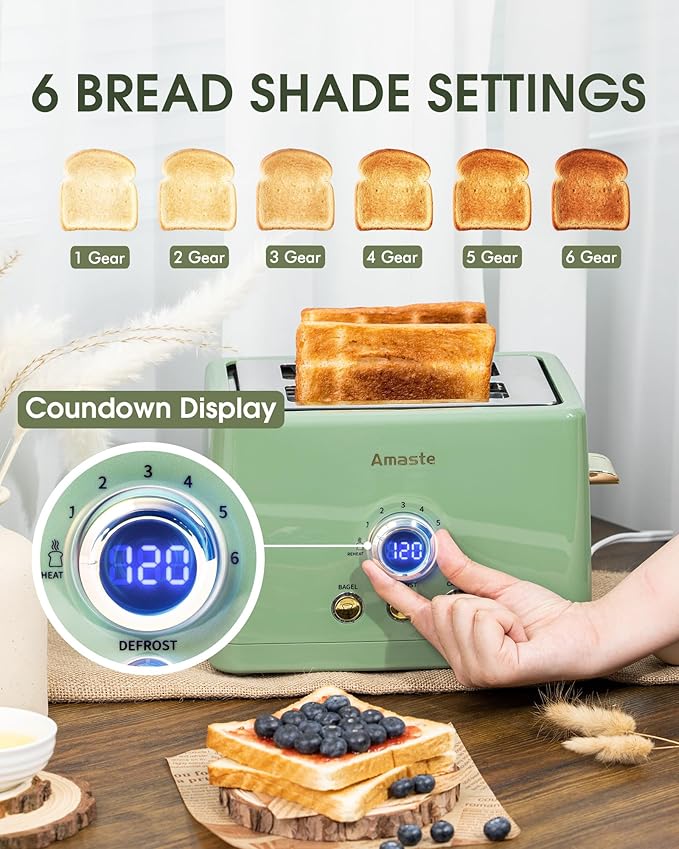2 Slice Toaster Retro Bread Toaster with LED Display Extra Wide Slots Toasters with 6 Bread Shade Settings Bagel Cancel Defrost Function Stainless Steel with High Lift Lever Removal Crumb Tray