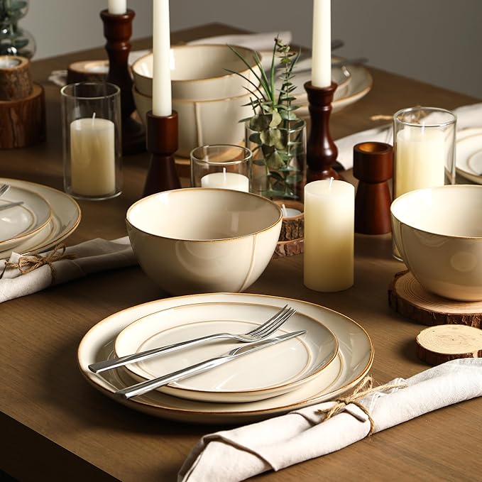 Stone Lain Infinity 12-Piece Dinnerware Set Stoneware Plates and Bowls Set Dishwasher and Microwave Safe Dish Set for 4 Beige