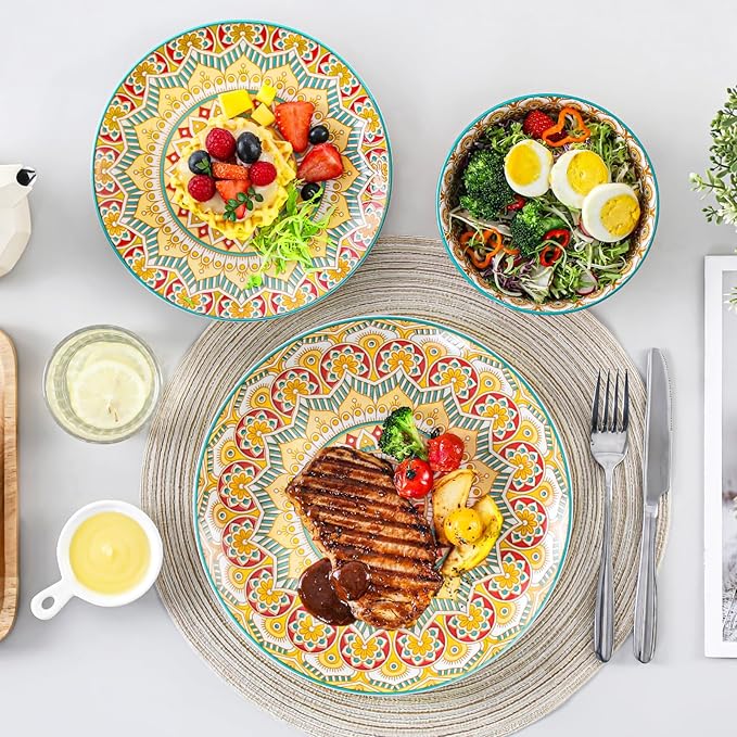 vancasso Mandala 12 Pieces Dinnerware Sets Porcelain Dinner Set for 4 Boho Plates and Bowls Set Colorful Dish Sets