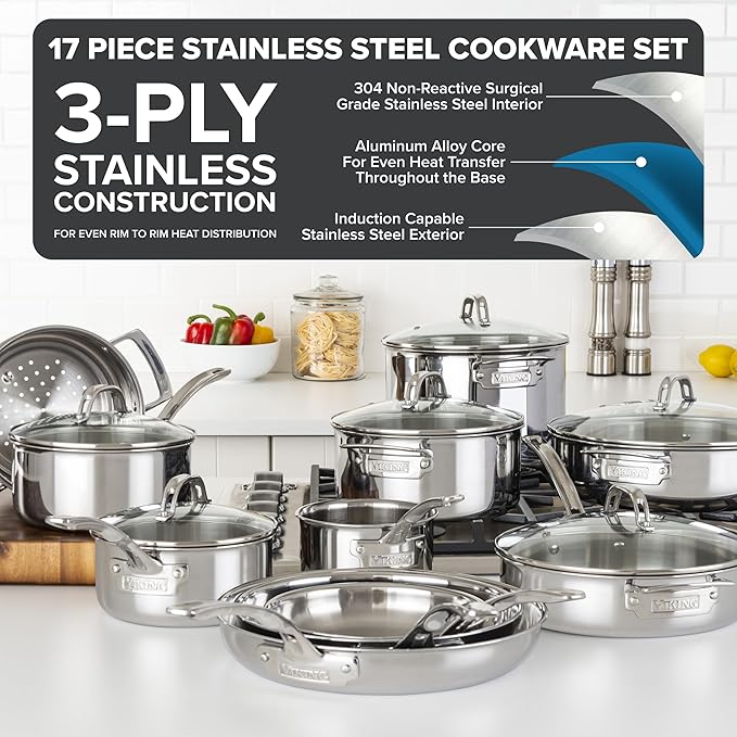 Viking 3-Ply Pots and Pans Set 17 Piece Stainless Steel Cookware Glass Lids Steamer Insert Silver
