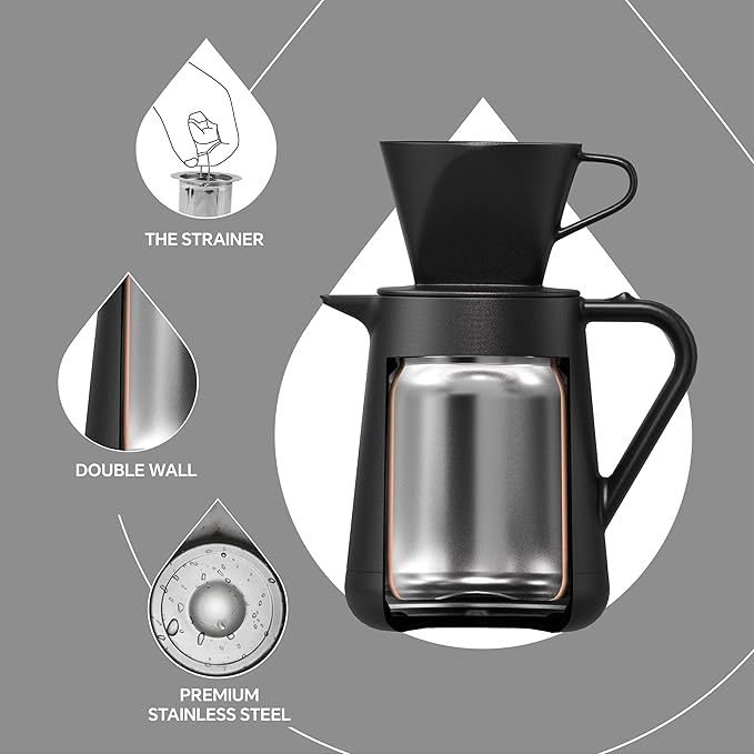 Ideus Insulated Pour Over Coffee Maker Set 20oz Stainless Steel Coffee Pot Pour Over Set Camp Coffee Carafe BPA-Free with Dripper and Tea Infuser for Home Office &amp Camping (Black)