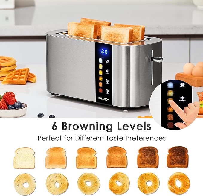 4 Slice Toaster NIKLEMON Full Stainless Steel Toaster with LED Display Touch Buttons with Long Extra Wide Slots Bagel Defrost Reheat Cancel Functions Removable Crumb Tray 1300W
