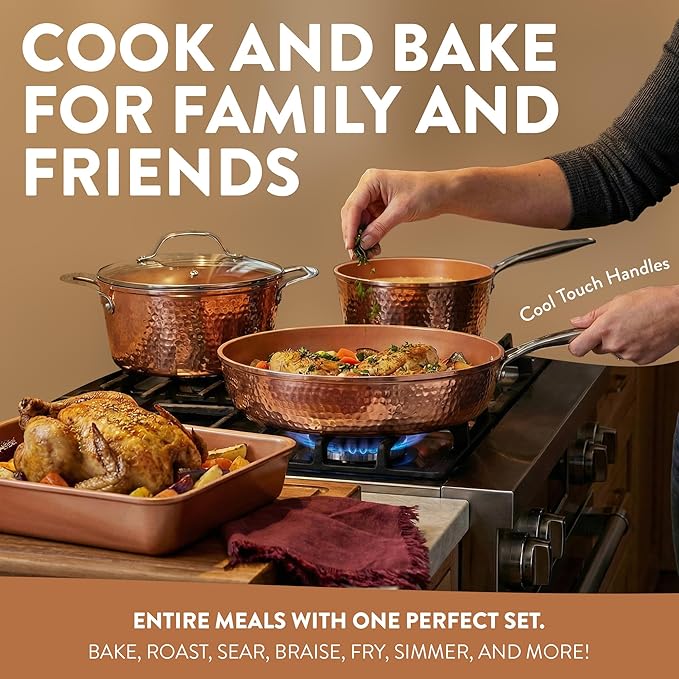 Gotham Steel Hammered 24 Pc Ceramic Cookware Set Nonstick Induction Ceramic Pots and Pans Set Non Stick with Deep Square Pan Set &amp Bakeware Set Non Toxic PFOA PFOS Free Oven &amp Dishwasher Sa