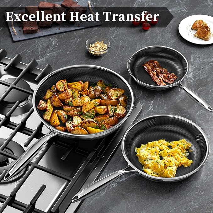 Innerwell Nonstick Frying Pan Set8 Inch&amp9.5 Inch&amp11 Inch Tri-Ply Hybrid Stainless Steel Ceramic Frying Pans Kitchen Cooking Pan Skillet 3 Piece PFAS/PFOA/PTFE FreeDishwasher &amp Oven Safe