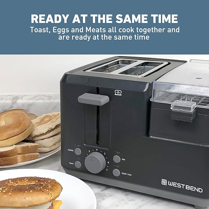 West Bend Breakfast Station 2-Slice Toaster and Egg Cooker/Poacher with Removable Pre-Cooked Meat and Vegetable Warming Tray for Perfect Breakfast Sandwiches 1200-Watts Black