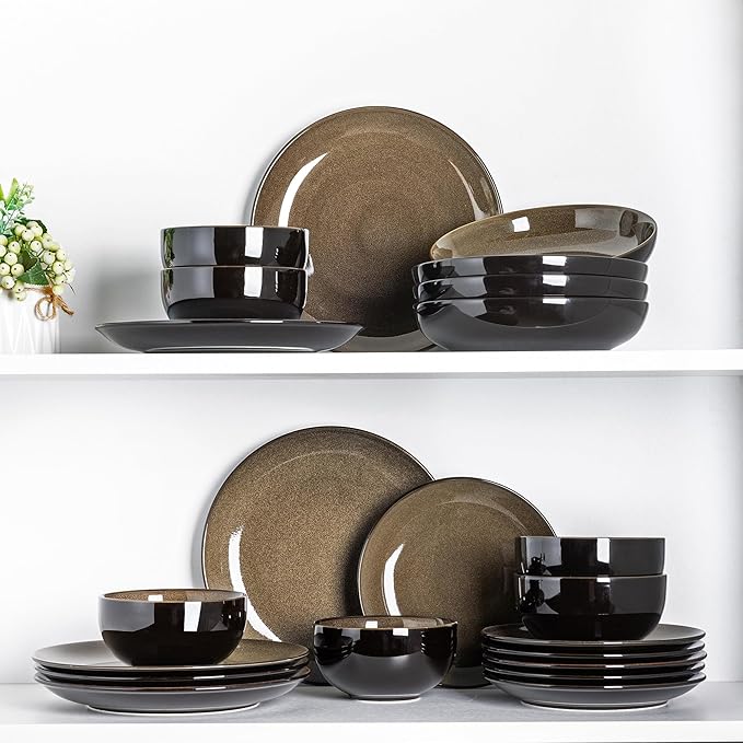LeRatio Ceramic Dinnerware Sets for 8Stoneware Plates and Bowls SetsHandmade Reactive Glaze Dishes SetChip Resistant and Scratch Resistant | Oven&ampDishwasher &amp Microwave Safe-Chestnut(28PCS)