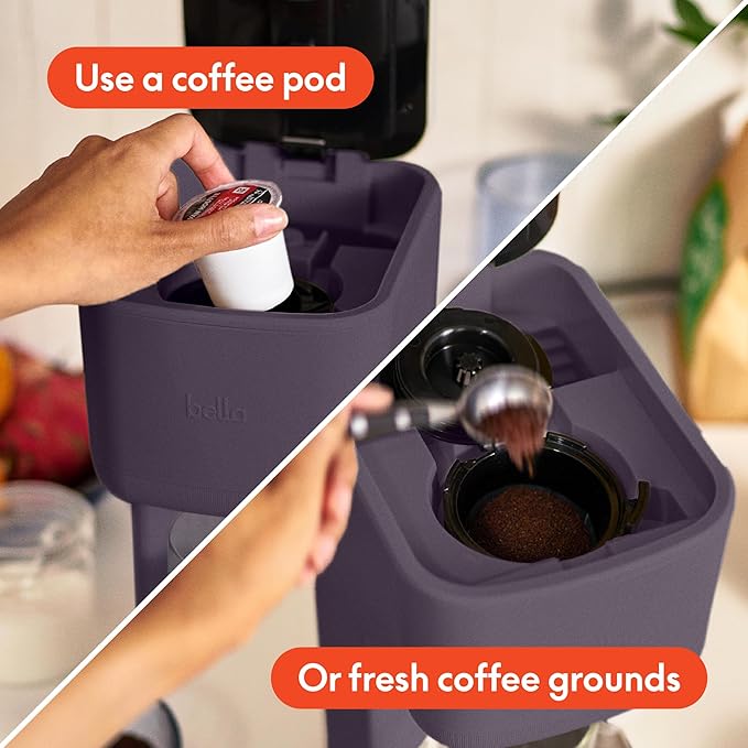 BELLA Single Serve Coffee Maker K Cup &amp Coffee Ground Compatible with Removable Adjustable Drip Tray Auto Shutoff &amp Reusable Dishwasher Safe Accessories Brews 6oz to 14oz 1000 Watt Plum