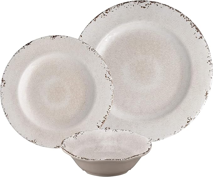 UPware 12 Piece Crackle Melamine Dinnerware Sets Outdoor Dishes Set Plates and Bowls Sets Service for 4 Cream