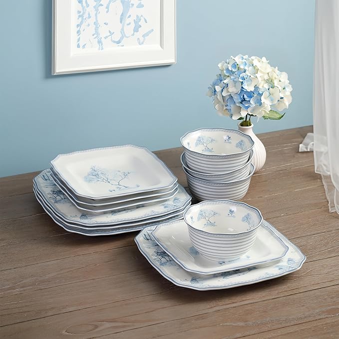 222 Fifth 12-Piece Porcelain Dinnerware Set for 4 Glossy White Plates and Bowls Set with Blue Decal Elegant Square Ceramic Dish Set Kitchen Tableware Microwave &amp Dishwasher Safe Scenic Toile
