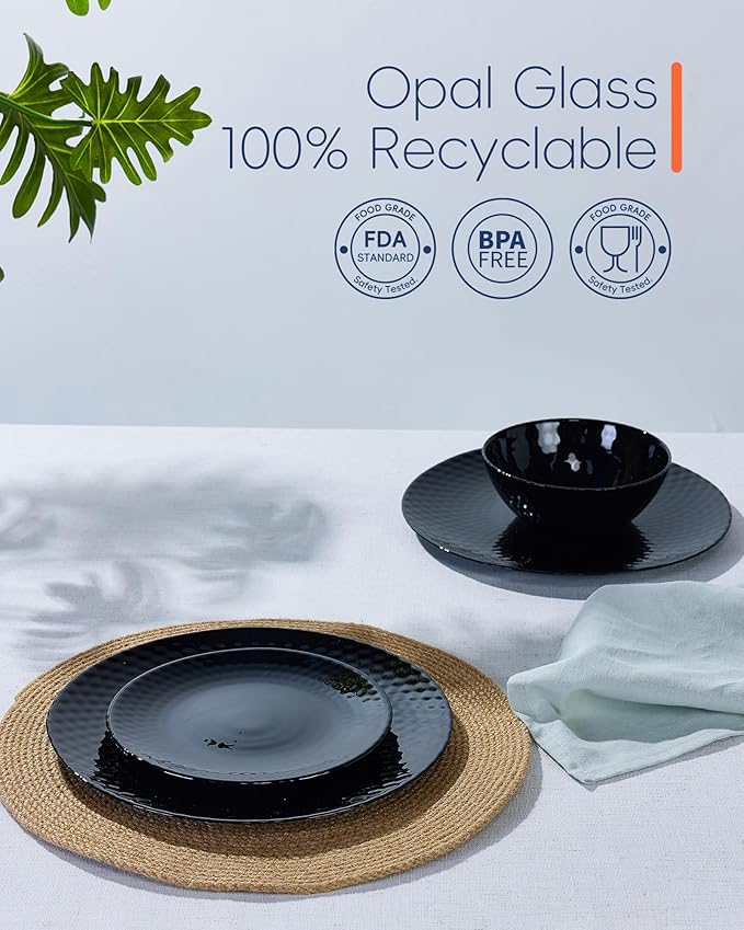 Dinnerware Sets Light &amp Durable 18 Pieces Opal Glass Plates and Bowls Set Dishwasher and Microwave Safe Dish Dinning Ware Thin but Strong Geometric Faceted Black