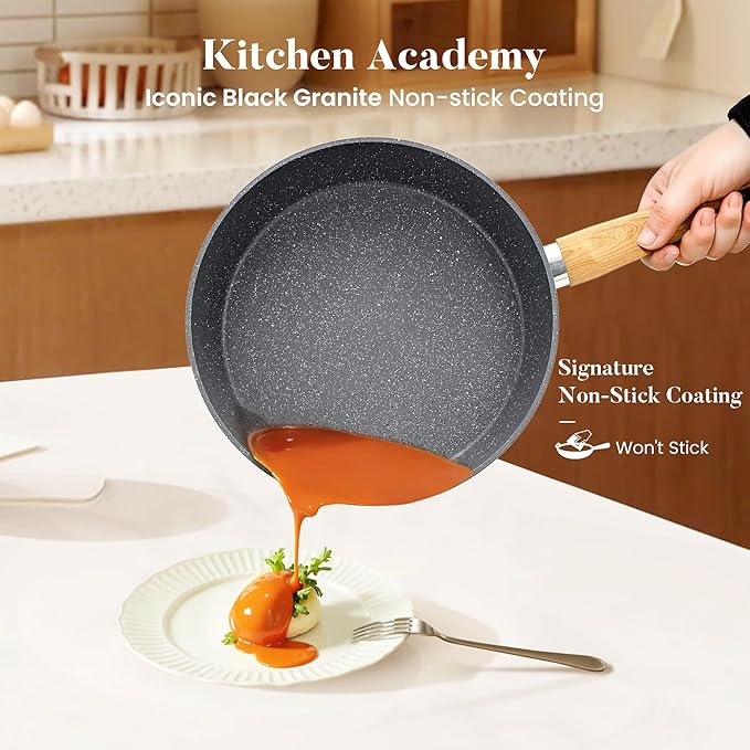Kitchen Academy Granite Nonstick Cookware Set - 17 Piece Gray Cooking Pans Set Induction Pots and Pans Set Non Stick PFOA &amp PFOS Free.