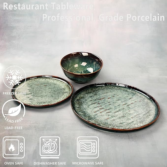 Dinner Set 12 Pieces - Round Reactive Glaze Tableware - Kitchen Dinnerware Porcelain Crockery with Dinner Plate Bowl and Soup Plate Service for 4 Microwave Dishwasher Safe Set (No.3)