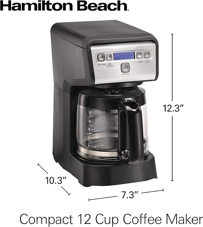 Hamiton Beach 12 Cup Compact Programmable Drip Coffee Maker with No-Drip Burosilicate Glass Carafe 2-Hour Auto Shutoff Space-Saving Design Black with Stainless Steel Accents (46200)
