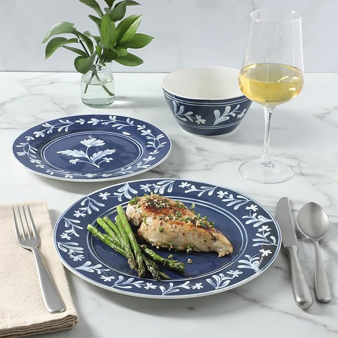 Martha Stewart Maiden Crown 12-Piece Sky Blue Dinnerware Set – New Bone China Ceramic Plates &amp Bowls – Floral Design – Service for 4 – Microwave &amp Dishwasher Safe