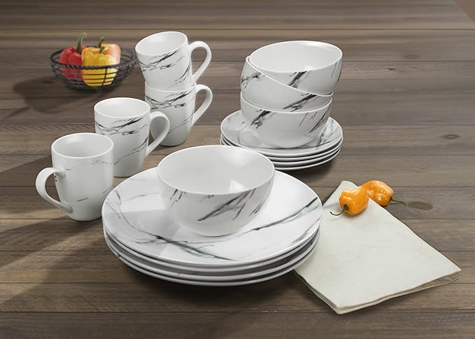 American Atelier Marble Black Coup Casual Round Porcelain Dinnerware Set-16 Piece Party Collection w/ 4 Dinner Salad Plates 4 Bowls &amp 4 Mugs 10.5 Updated White