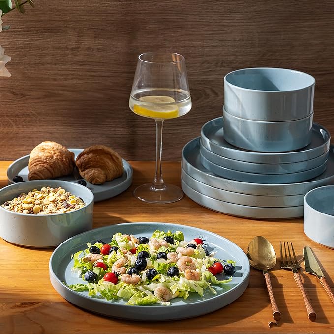 AmorArc Ceramic Dinnerware Set for 4 | Speckled Stoneware Plates and Bowls with unglazed terracotta | Scratch Resistant Dishwasher &amp Microwave Safe Dishes Sets- 12-Pcs Blue