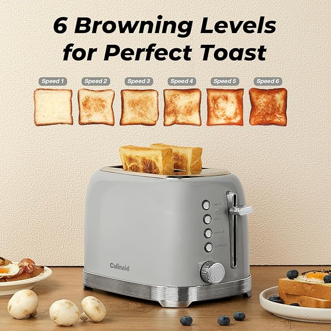 Toaster 2 Slice Retro Stainless Steel with 1.5” Extra Wide Slots Bagel Defrost Reheat Cancel Functions 6 Bread Shade Settings Removable Crumb Tray Gray