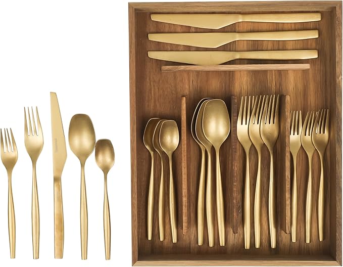Bloomhouse - Two Time Oprah's Favorite Things Winner - 20 Piece Stone Washed Gold Flatware 18/10 Stainless Steel Silverware Cutlery Utensil Set With Acacia Wood Caddy - Service for 4