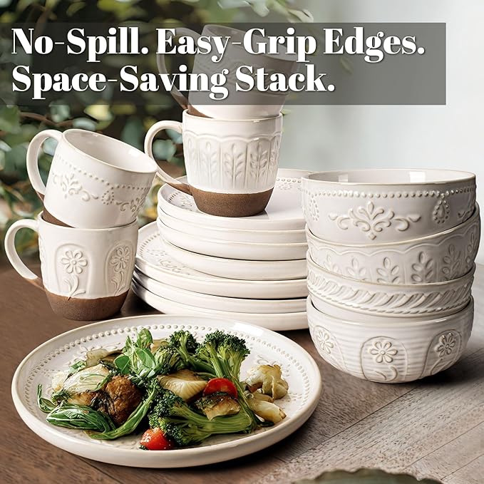 Artena Plates And Bowls Sets 16 Pieces Dinnerware Sets Dish Set For 4 Ceramic Kitchen Bowl And Plate Set Embossed White Dishware Sets Dishwasher &amp Microwave Safe (Multiple Patterns) (With Mug
