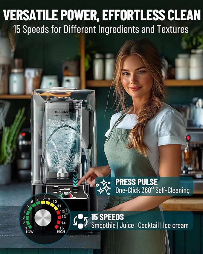 WantJoin Professional Commercial Blender With Shield Quiet Sound Enclosure 2200W Industries Strong and Quiet Professional-Grade Power Self-Cleaning Black