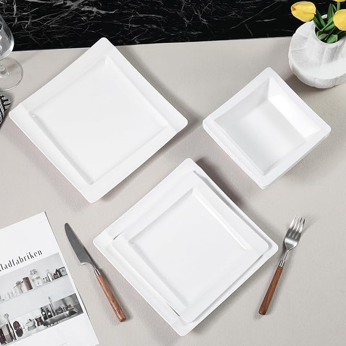 Square Melamine Dinnerware Sets of 12 PcsSquare Plates and Bowls SetsUnbreakable Dish Set for 4Lightweight Dishwasher Safe and BPA FreeSuit for RVCamping（White）