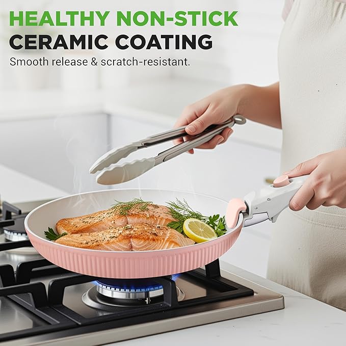 NutriChef 18-Piece Ceramic Cookware Set with Detachable Handles Non Stick Pots and Pans PTFE-Free Natural Ceramic Coating Space-Saving Design Oven &amp Stove Safe Includes Utensils Pink