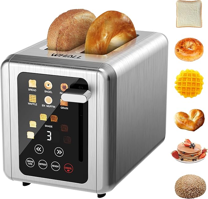 WHALL Touch Screen Toaster 2 Slice Stainless Steel Digital Timer Toasters with Sound Function Smart Extra Wide Slots Toaster with Bagel Cancel Defrost (silver)
