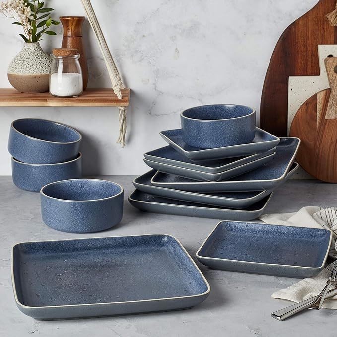 Tabletops Gallery Madison Fashion Dinnerware Collection- Square Contemporary Modern Reactive Glaze Dinner Salad Plate Bowl 4 Place Setting 12 Piece Madison Dinnerware set in Speckled Blue