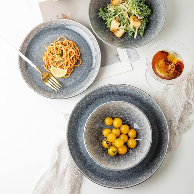 FAIT Round Stoneware 16pc Double Bowl Dinnerware Set for 4 Dinner Plates Side Plates Cereal Bowls Pasta Bowls - Reactive Glaze Grey (439699)