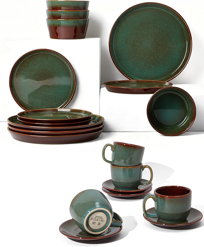 16 Pieces Dinnerware Sets with Coffee Cups with Saucers Brown Green