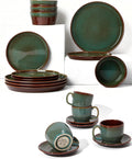 16 Pieces Dinnerware Sets with Coffee Cups with Saucers Brown Green